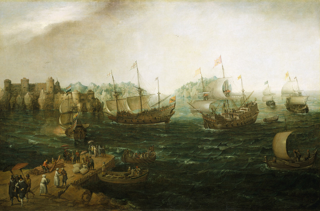1614 painting by Hendrick Cornelisz Vroom showing English, Dutch and Spanish ships in a bay in the East Indies. (https://www.rmg.co.uk/collections/objects/rmgc-object-12219).